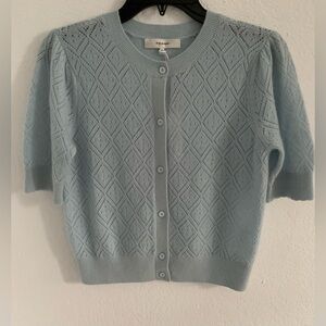 Frame Pointelle Knit Delicate Cashmere Cardigan in Blue Size XS Puff-Sleeve